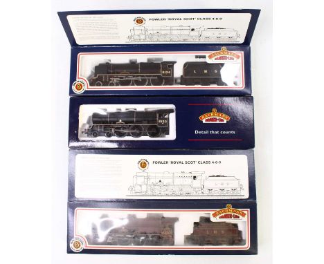 Three 00 gauge Bachmann locos, including a rebuilt Royal Scot, in LMS black, no.6133, an unrebuilt Scot in LMS black, no.6134
