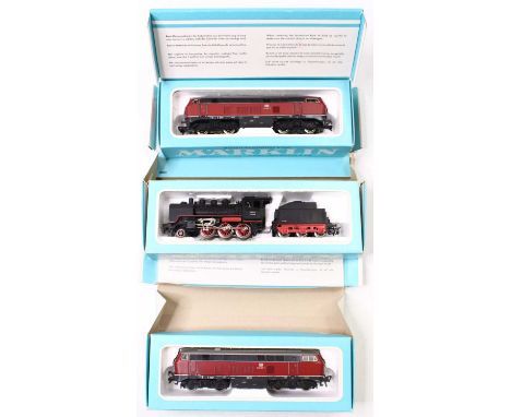 Three Marklin HO gauge locos, to include two 2 rail BR 216 class locos, in DB maroon, and grey, and one three rail BR 24 clas