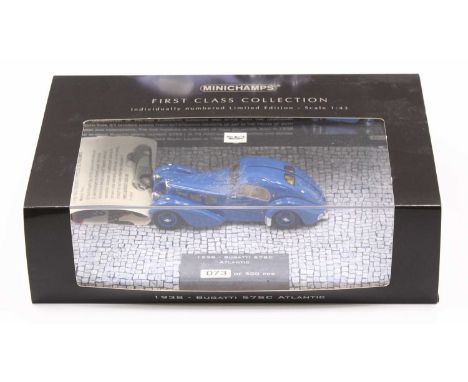 Minichamps First Class Collection 1/43 scale plastic cased limited edition model of a 1938 Bugatti 57SC in dark blue body wit