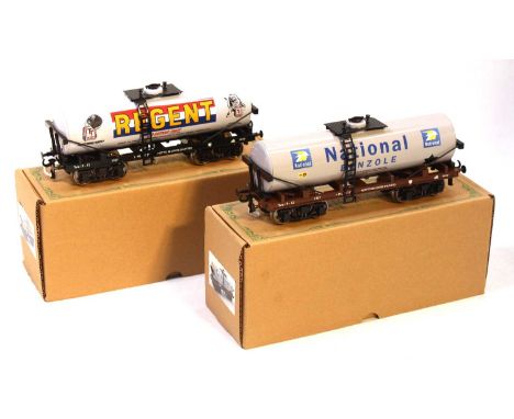 Two Darstaed 0 gauge bogie tank wagons: 'Regent' white (BNM) &amp; 'National Benzole' light grey (BE). Ex-factory stock, new,