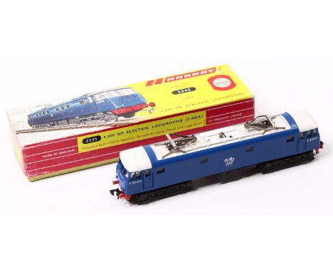 Hornby Dublo 3 rail converted from 2 rail, 2245 E3002 3300 HP electric loco in blue and white, with both pantographs fully co