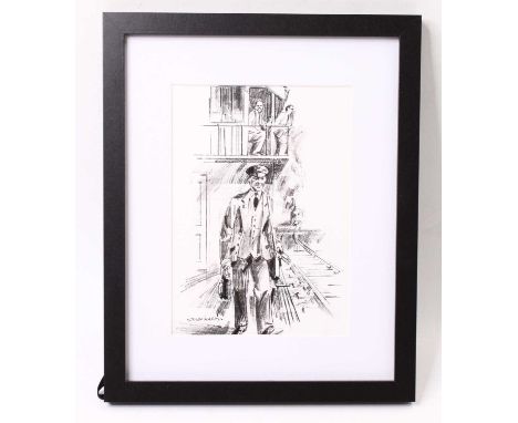 John Hardy, Guild of Railway Artists, pen and ink sketch of a railway worker on the line, 13cm x 17.5xm