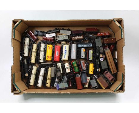 One tray of approx 50, 00 gauge wagons, including petrol tankers, bogie tankers, open wagons, hopper wagons, and others, all 