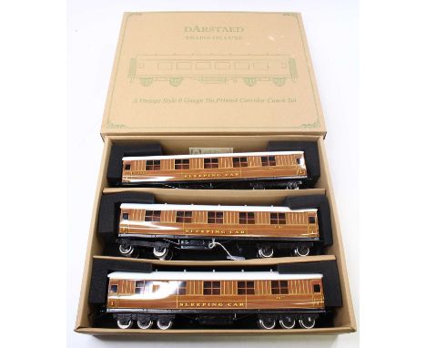 Darstaed LNER Gresley Set D, three LNER sleeping cars, lined teak, white roofs, fitted with internal lighting. Two coaches ar