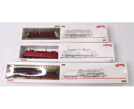Three Marklin HO gauge locos, including a class BR 120.1, in DB red with both pantographs, missing box insert, a BR E 19 loco