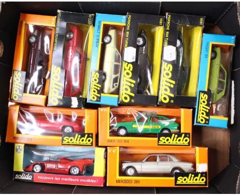 One tray containing ten various boxed Solido 1/43 scale diecasts to include a Taxi Radio Simcar 1308, a Renault 12 Break, a P
