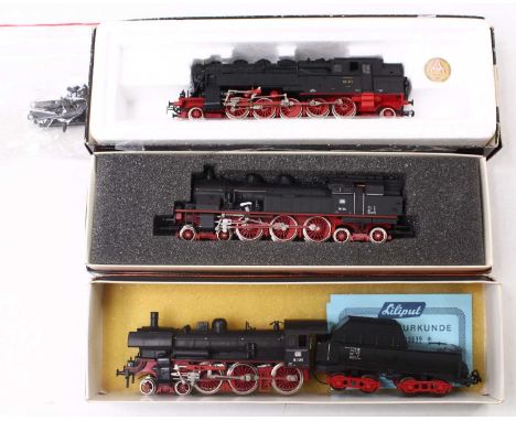 Three HO gauge Liliput Bachmann German locos, including, a 4-6-0 tender loco, DB BR class 38, in black, missing box insert, a