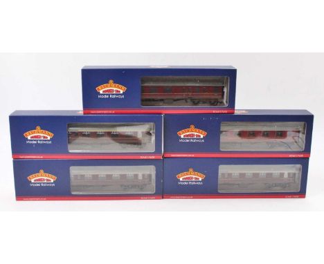 Five Bachmann 00 gauge BR Mk 1 coaches in BR maroon livery, factory weathered, in original boxes, in near mint condition.
