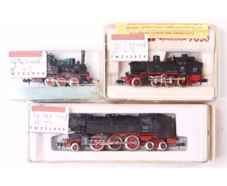 Three N gauge German locos to include an Arnold DB BR 66 class, black with a red chassis, a Fleischmann Piccolo DB BR 91 clas