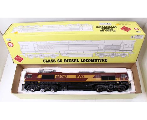 Aristocraft trains gauge 1 class 66 loco, in EWS red and yellow livery, fitted with a Peter Spoerer Model Engineers remote co