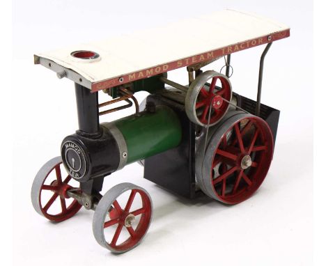 An unboxed Mamod TE-1A Steam Tractor with burner tray and scuttle, would benefit from cleaning.