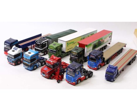 Two boxes containing a quantity of 1/50 scale mostly loose modern issue diecast to include Universal Hobbies Scania R 580, Co