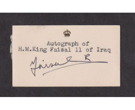 Autograph, Royalty, H.M. King Faisal II of Iraq, a cream card (approx. size 7.75 x 4.5 cms) with black crown embossed to top,