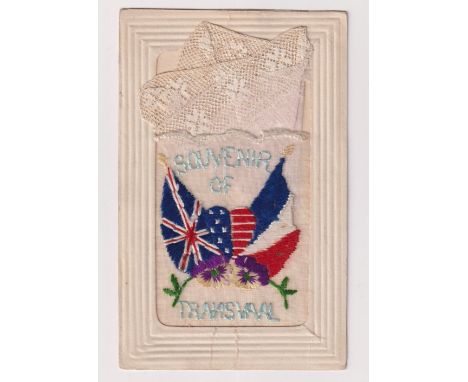Postcard, Silks, a rare souvenir embroidered silk card with added handkerchief and 'Souvenir of Transvaal' above and below fl