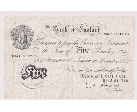 Bank Note, white £5 dated December 10th 1955, L.K. O'Brien, B54A 011710 (light wear)
