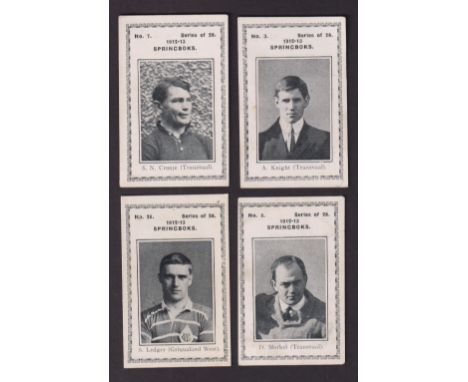 Cigarette cards, UTC (South Africa), 1912-13 Springboks, 4 cards, no 3 A. Knight (Transvaal), no 5 D. Morkel (Transvaal), no 