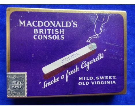 Cigarette tin, Canada, MacDonald British Consols Tin, 50 cigarette size, complete with original cigarettes, 2 Contract Bridge