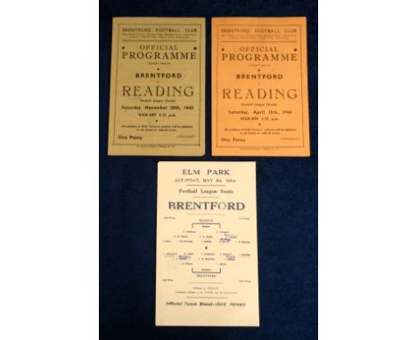 Football programmes, three programmes, Reading v Brentford 6 May 1944 FL (South) (single sheet, tc), Brentford v Reading 20th