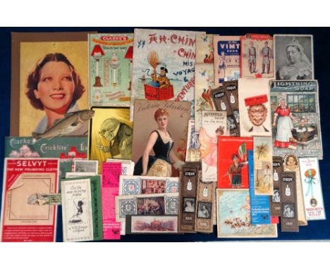 Trade cards etc, a selection of 60+ vintage advertising items including bookmarks, inserts, menu cards, shop display adverts 