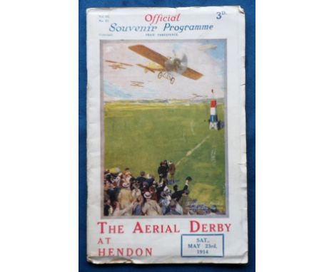 Aviation, 1914 Ariel Derby Day Official Souvenir programme with attractive cover art. The renowned British  flyer Gustav Hame
