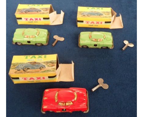 Model Vehicles, 3 boxed Japanese Codeg Small Size Taxis, 1 red and 2 green, all with keys (gd)