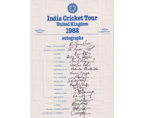 Cricket autographs, India, official Tour sheet for 1982, fully signed with 18 signatures, inc. Gavaskar, Kapil Dev, Ravi Shas