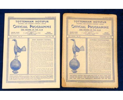 Football programmes, Tottenham Hotspur, two Home programmes 1946/47 v West Ham Div 2 (team changes and score noted on line-up