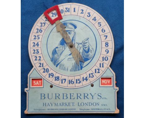 Advertising, Burberrys Ltd. WW1 mechanical vintage perpetual 'Cequik' cardboard calendar with central image of WW1 Kitchener 