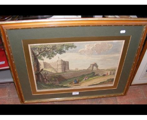 AFTER A MENAGEOT - "A View of the Entrance into Carisbrooke Castle in the Isle of Wight" - coloured print - 33cm x 45cm - fra