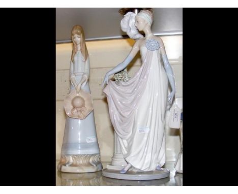 Large Lladro figure of lady wearing 1920's dress - 34cm high, together with a Lladro style figure of demure ladyCONDITION REP