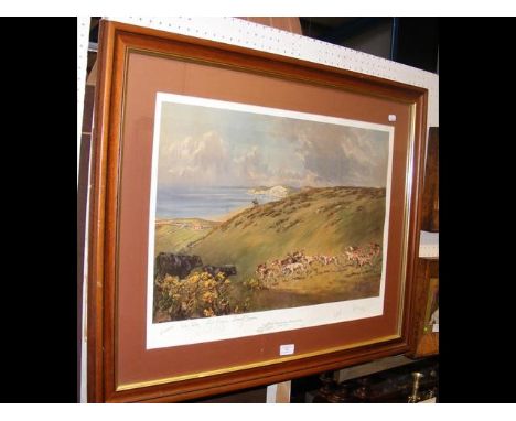A Limited Edition print "Isle of Wight Foxhounds Above Freshwater Bay" signed by JOHN KING - the Artist - No. 66/150, with ot