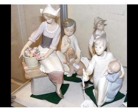 Lladro figure of lady with basket of flowers, together with three others