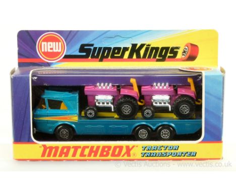 Matchbox Super Kings K21 Tractor Transporter - metallic blue transporter with yellow interior with 2 x Superfast 25b Mod Trac