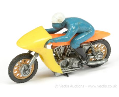 Hot Wheels (Mattel) Rrrumblers 6032 Rip Snorter - orange seat and tank, yellow fairing, blue rider with black boots and white