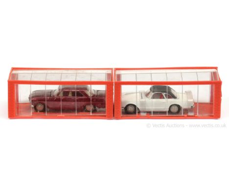 Dinky (Hong Kong) a pair of small scale Garage issues (1) 14 Chevrolet - metallic maroon and (2) 18 Mercedes 230 SL - off whi