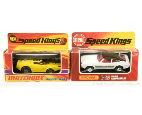 Matchbox Speed Kings K32 Shovel Nose - yellow body, amber windows, chrome engine vent and K59 Ford Capri (Mark II) - white bo