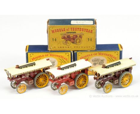 Matchbox Models of Yesteryear Y9 Fowler Showmans Engine group of 3 (1) light maroon, cream roof, gold trim, yellow metal whee