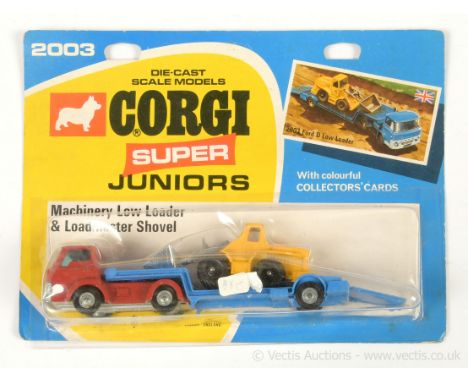 Corgi Juniors 2003 (Super Juniors issue) Ford Machinery Low Loader - finished in red, blue trailer, cast hubs with Loadmaster
