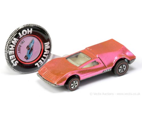 Hot Wheel (Mattel) - Redline - 6424 Tri-Baby - light metallic pink, black rear cover - Good Plus with tinplate button/badge.