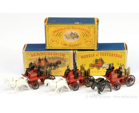 Matchbox Models of Yesteryear Y4 Horse Drawn Fire Engine group of 3 (1) "Kent Fire Brigade" - red, white horses, black metal 