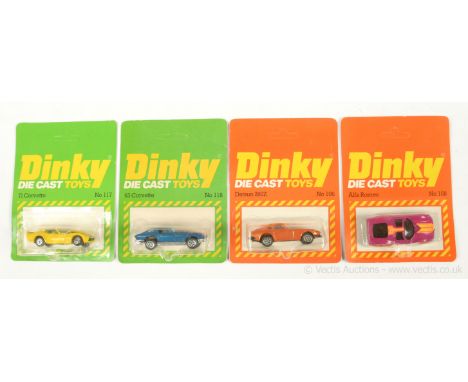 Dinky a group of small scale later issues to include 106 Datsun 280Z; 108 Alfa Romeo; 116 Corvette 63 and 117 Corvette 71 - c