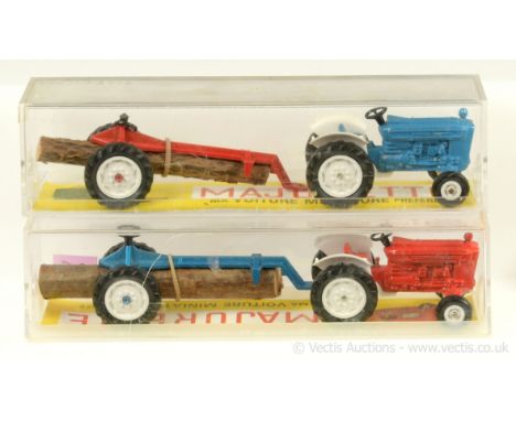Majorette 354 Tractor with Log Trailer a pair (1) containing blue and white tractor with red and white trailer and log load a