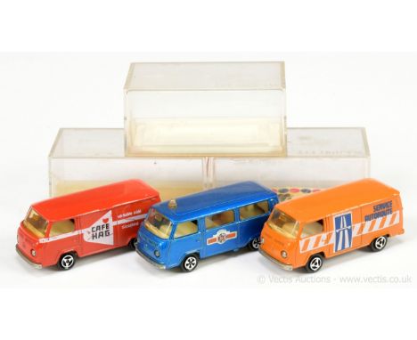 Majorette 244 Volkswagen Transporter a group of three (1) "Service Autoroute" - orange, white, blue; (2) "Cafe Hag" - red, wh