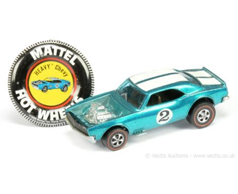 Hot Wheels (Mattel) - Redline - 6408 Heavy Chevy - dark metallic aqua, white roof and boot stripes, chrome engine, racing num