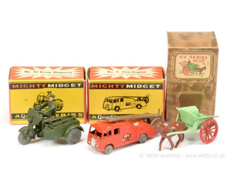Benbros group to include 9 Fire Engine - red, silver trim with dark gold ladder; 42 Army Despatch Motorcycle &amp; Sidecar - 