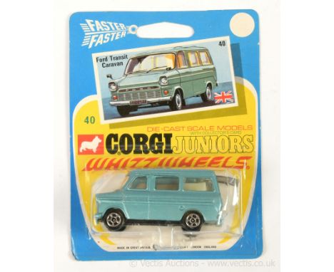 Corgi Juniors 40 Ford Transit Caravan - light metallic aqua (metallic blue), ivory interior, bare metal opening rear door, Wh