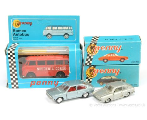 Politoys (Penny) 0/30 Fiat 850 Coupe - light metallic blue, red interior; 0/26 Alfa Romeo Giulia SS - silver-grey body - cond