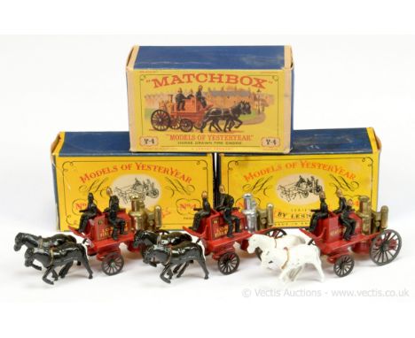 Matchbox Models of Yesteryear Y4 Horse Drawn Fire Engine group of three (1) "Kent Fire Brigade" - red, gold boiler, white hor