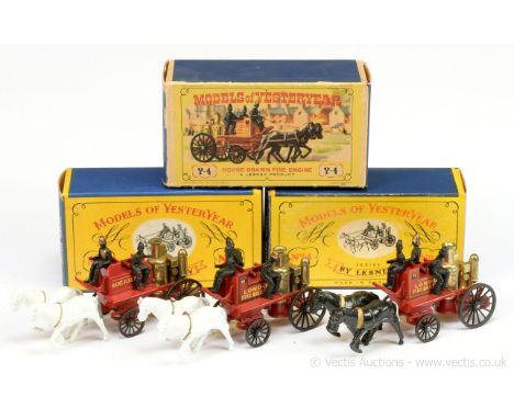 Matchbox Models of Yesteryear Y4 Shand Mason Horse Drawn Fire Engine group of three (1) "Kent Fire Brigade" - red, gold boile