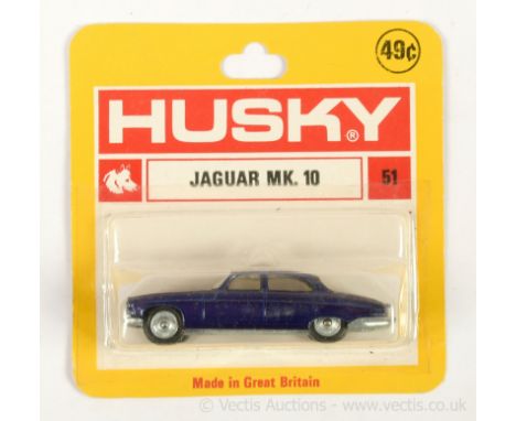 Corgi (Husky Models) 51 Jaguar Mark 10 - dark purple-blue, yellow interior, cast hubs - condition appears to be generally Nea